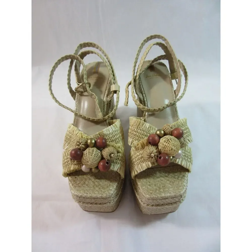 SAM EDELMAN Tan Size 10 Raffia Tropical Beaded Platform Wedge Ankle Strap Sandal - Picture 5 of 8